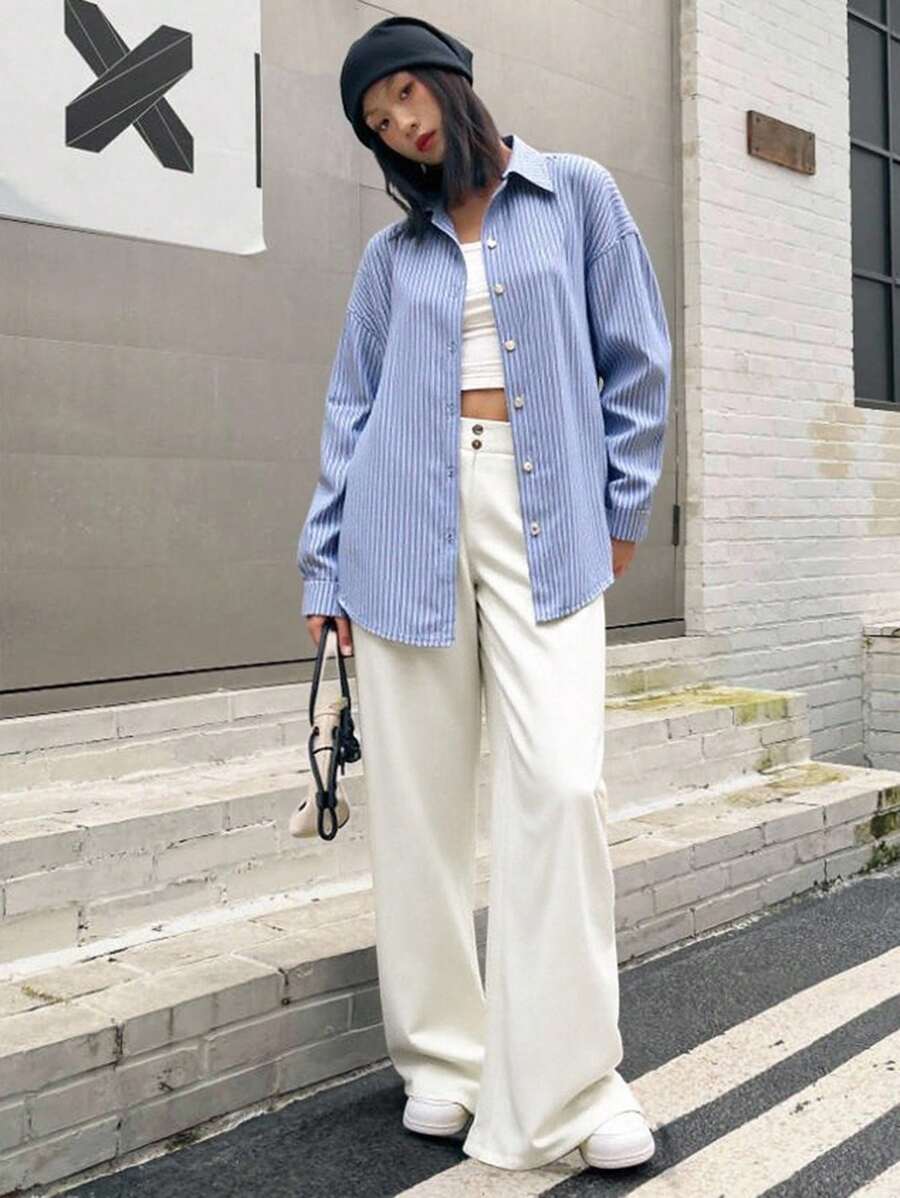 SHEIN Teen Girl Comfortable Simple Loose Contrast Elastic Waist Stripe Printed Wide-Leg Pants White Tube Top Blue Stripe Cropped Long Sleeve Shirt 3 Pieces Set - Blue and White - View 1