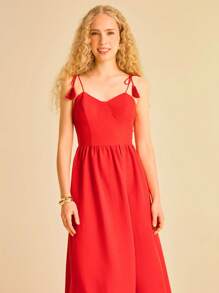 CAJUNI Abito lungo casual da donna in stile boho con stampa tropicale rossa, decorato con nappine, a spalline, con inserti in pizzo sul petto e l'orlo, adatto per le vacanze