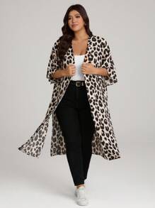 Comfylo Leopard Print Open-Front Kimono Loose-Fit Plus Size Women Top Winter Fall Autumn - Multicolor - View 4