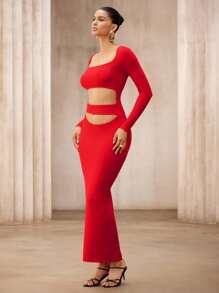 SHEIN Unity Áo len bó sát gợi cảm dài tay cho nữ có thiết kế băng đô, váy maxi cạp cao màu trơn theo phong cách châu Âu và Mỹ, màu đỏ - Đỏ - Xem 5