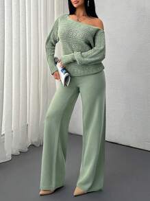 EURMUSE Solid Color Holo Out Batwing Sleeve Sweater, Spring/Fall Season, Long Sleeve Top And Sweater Pant Comfortable Two Piece Set - Green - View 6