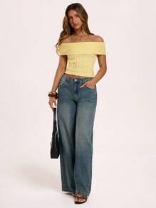 SHEIN BAE Summer Casual Solid Color Knitted Top,Cute,Streetwear,Basic Tops,Knit Sweater,Back To School,Off The Shoulder Sweater,Cute Sweater,Cropped Sweater,Fall For Women,Fall Sweaters,Off The Shoulder Sweater,Off Shoulder Sweater,Fall For Women,Fall Sweaters,Fall Women,Halloween Sweater - Yellow - View 5