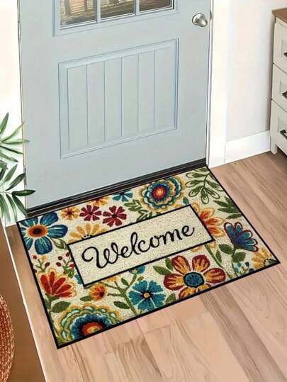 SHEIN (19.68*31.49in/15.74*23.62in) Floral Pattern Welcome Doormat - Non-Slip, Waterproof & Machine Washable Polyester Rug For High Traffic Areas, Indoor/Outdoor Decor - Perfect New Year Celebrations
