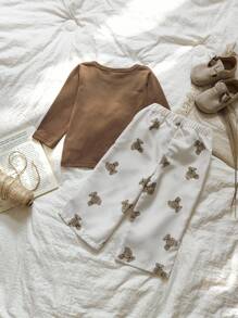 SHEIN Vintaside Kids 2 Stücke Kleinkind Jungen Set aus Cartoon Tier Muster Langarm T-Shirt und Lässig Hose, bequeme Outfit für Frühling/Herbst