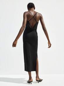 Maija Robe sans manches dos croisé sexy de couleur unie pour femme, robe d'été dos nu - Noir - Voir 2