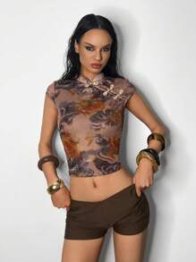 EgrlEra 女款复古印花新中式连帽T恤 - 彩色 - 查看 1