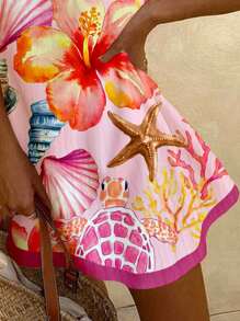 SHEIN EZwear 女士拼色装饰海星和海龟印花休闲海滩度假圆领无袖迷你连衣裙，适合夏季 - 彩色 - 查看 5