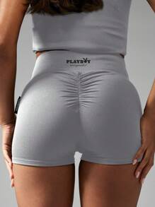 Missguided x Playboy 高腰褶皱短裤健身跑步健身房运动压缩运动训练锻炼健身瑜伽运动服 - 灰色 - 查看 3