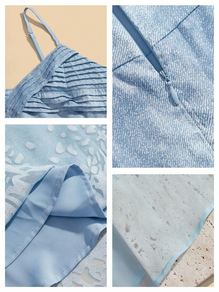 Sleeveless V-Neck Spring/Summer New Blue Ombre Tencel Jacquard Elegant Holiday Dress, A-Line