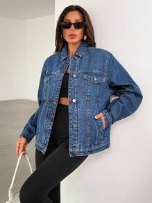 EURMUSE Women's Long Sleeve Single-Breasted Patch Pocket Loose Casual Denim Jacket Womens Denim Jacket Oversized Denim Jacket Jean Jacket Plus Size Jean Jacket Womens Jean Jacket Plus Size - Medium Wash - View 5