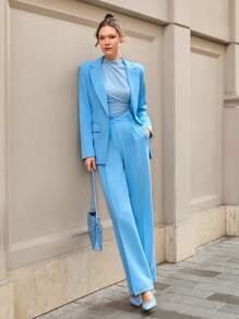 CLARA VERO 2 Pcs Blazer Jacket And Straight Fit Pants Suit Set - Baby Blue - View 3