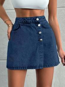 EURMUSE Falda corta de 100% algodón con detalles de botones en lavado claro - Azul lavado medio - Ver 3