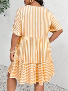SHEIN Frenchy Plus Size Women Casual Striped Batwing Sleeve Loose Vacation Dress, Summer, Holiday Outfits For Women - Orange - View 2