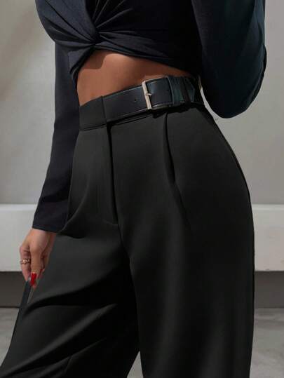 EURMUSE Elegant Style, Half Faux Leather Belt Detailed Straight Fit Pant