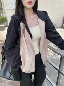 DAZY Women's Contrast Color Hooded Loose Street Style Casual Jacket,Fall Women Clothes - Grey - View 1