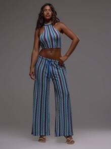 MUSERA High Neck Textured Patterned Crochet Striped Crop Top Only Boho Festival Holiday Summer Vacation Cute Elegant Ibiza Spring - Multicolor - View 3