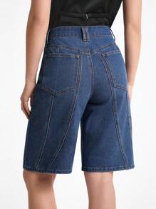 女士休闲水洗宽松牛仔短裤 - 深色水洗藍 - 查看 2