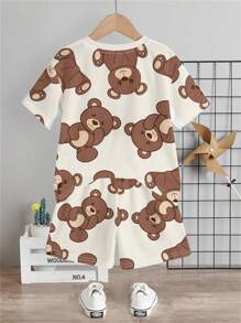 SHEIN 2 件套男婴休闲卡通熊图案圆领短袖衬衫和短裤套装，适合夏季