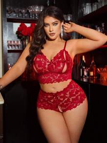Spicy Aura 2件套大码女士性感蕾丝内衣套装 - 酒紅色 - 查看 3