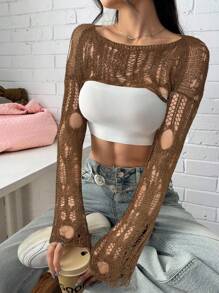 SHEIN EZwear Suéter de cuello de barco marrón desgastado de manga larga sexy para mujer