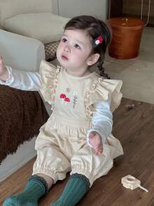 DAZY Baby Girls Ruffled Casual Cartoon Embroidery Solid Color Cute Fresh Jumpsuit Toddler Girls Clothes - Apricot - View 3