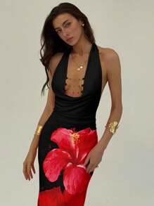 Aloruh 浪漫约会优雅花卉印花紧身长裙，秋季深 V 领露背镂空链条装饰设计