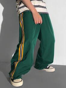 Tween Boys Casual Versatile Comfortable Colored Webbing Letter Woven Label Straight Loose Woven Plain Pants, Suitable For Commuting, School, Daily, Vacation, Sports, Spring/Summer/Fall/Winter