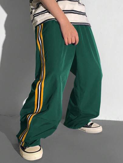 Tween Boys Casual Versatile Comfortable Colored Webbing Letter Woven Label Straight Loose Woven Plain Pants, Suitable For Commuting, School, Daily, Vacation, Sports, Spring/Summer/Fall/Winter