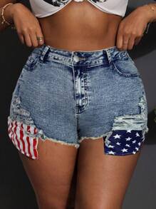 Slaydiva Plus Size Sexy Form-Fitting Elastic Super Short Blue Denim Shorts - Medium Wash - View 1