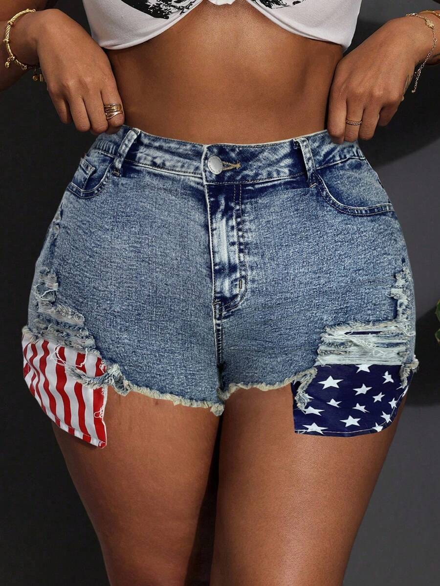 Slaydiva Plus Size Sexy Form-Fitting Elastic Super Short Blue Denim Shorts - Medium Wash - View 1