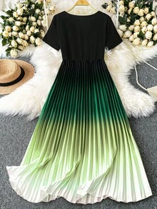 DreamSkyne Váy ôm tay ngắn dệt kim mềm mại xếp li viền ombre cỡ lớn cho nữ - Nhiều màu - Xem 2