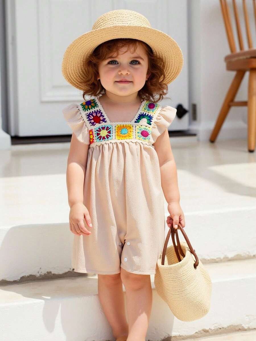 SHEIN 1pc Baby Girls' Sleeveless Romper, Casual Loose Open Crotch, Comfortable & Soft, Fashionable Everyday/Travel Wear, Summer New Arrival