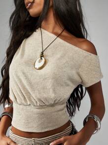 MISSGUIDED 露肩褶饰短款上衣休闲夏季船领宽腰合身罗纹针织衫假日沙滩装时尚街头风格节日服装 - 杏色 - 查看 6