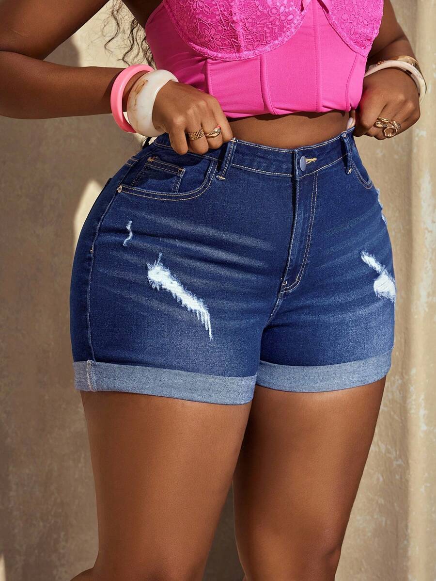 Slaydiva Shorts de mezclilla rotos con dobladillo acampanado, de estilo de moda urbana casual para mujer de talla grande, para verano