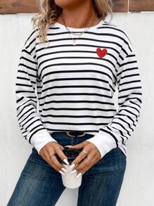 EMERY ROSE 加大码圆领长袖条纹休闲百搭T恤，秋冬图案T恤女式春季上衣