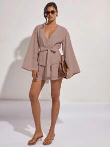 COSMINA Bộ 2 món áo sơ mi tay loe màu trơn đơn giản dành cho nữ công sở và quần short - Hồng - Xem 3