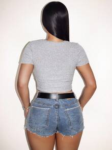 Zolique Women's Plain Round Neck Short Sleeve Cropped Ribbed Slim Fit Casual T-Shirt - Grey - View 2