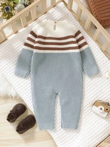 SHEIN Infant & Toddler Car Embroidered Jumpsuit, Striped Patchwork Design Baby Boy Cute Long Sleeve Romper Baby Boy Romper Newborn Boy Clothes Infant Sweater Romper Knitted Baby Romper Winter Baby Jumpsuit Baby Boy Jumpsuit Knitted Romper Winter Baby Clothes Newborn Boy Winter Clothes Infant Sweater Jumpsuit Baby Boy Knit Romper Warm Baby Boy Romper Baby Boy Jumper Baby Boy Romper Outfit Winter Baby Boy Clothes Newborn Boy Jumpsuit Fall - Blue - View 2