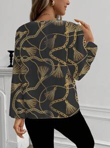 Shutterstock Glamance Casual Minimalist Women's Floral Print Long Sleeve Shirt, Suitable For Spring And Autumn Women Blouse Elegant Bird Print Blouse Floral Print Blouse Long Sleeve Blouse Women Fashion Blouse Fall Women Clothes Back To School Work Clothes Women Autumn And Winter - Black - View 2