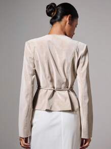 COSMINA Áo khoác lửng thắt lưng da lộn thời trang thu thường ngày cho nữ - Màu Khaki - Xem 2