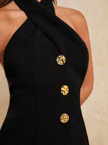 COSMINA 女士优雅金属纽扣露背吊带上衣和宽松阔腿裤套装秋冬 - 黑色 - 查看 8