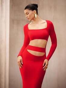 SHEIN Unity Áo len bó sát gợi cảm dài tay cho nữ có thiết kế băng đô, váy maxi cạp cao màu trơn theo phong cách châu Âu và Mỹ, màu đỏ - Đỏ - Xem 2