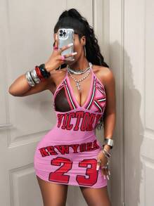 BamGleam Women's Letter Print Plunging Neckline Bodycon Mini Dress Graphic Print - Pink - View 3