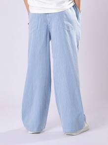 SUMWON Pantalones verticales de rayas anchas de verano, con cintura ajustable con cordón, de diseño casual y cómodo, perfectos para la playa, primavera y uso diario durante todo el año - Azul - Ver 2