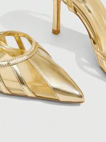 CUCCOO SZL Women's Metallic Gold PU & Mesh Panel Strap Ankle Strap Pointed Toe Backless Fashion Sexy French Style Party Date Pumps