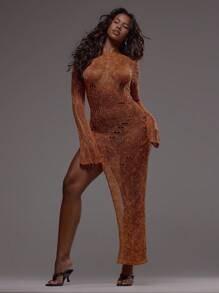 MUSERA 喇叭形长袖做旧针织不对称下摆长裙，适合节日、音乐会、锐舞派对、夜店、夏季、性感后台、假日海滩婚礼宾客、优雅约会、秋冬季等场合。