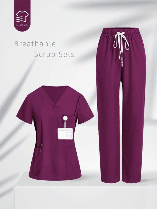 TaskEZ Set uniformă: Bluză croită cu decolteu în V, mânecă scurtă și pantaloni casual cu croială dreaptă și șnur, seturi medicale