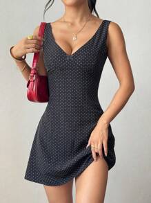 Flirla Women White Polka Dot V-Neck Backless Tied Dress, Bohemian Style, Casual And Sexy, Spring/Summer - Black - View 1