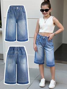 Girls'' Casual Distressed Denim Capri Pants, Soft Cotton Loose Fit, Fashionable Streetwear For Summer Holiday Daily Wear
