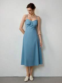 Uhlyne 女士优雅性感细肩带亚麻 A 字中长连衣裙 - 藍色 - 查看 8